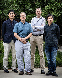 An image of Kentaro Iwasawa, MD, Jim Wells, PhD, Aaron Zorn, PhD, and Takanori Takebe, MD, PhD.